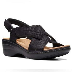 Clarks Women's 8 Merliah Echo Black Hook & Loop Ankle Strap Sandals
